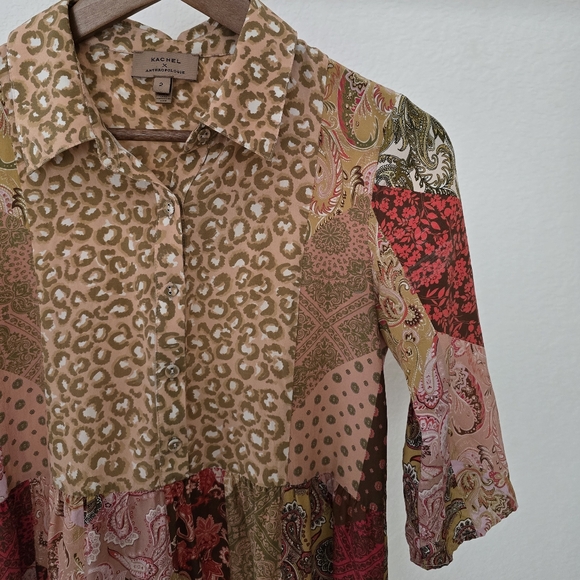 Kachel x Anthropologie Benedetta Patchwork Silk Tunic Dress in Pink Combo Size 2 - Picture 4 of 13